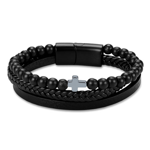 Matte Black Beaded Leather Cross Bracelet